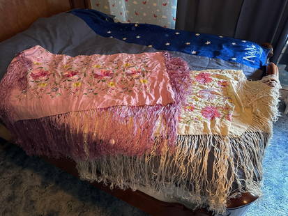 2 hand embroidered silk shawl table covers: 48" x 48" both fully covered with flowers  Low Estimate: 20.00 High Estimate: 50.00