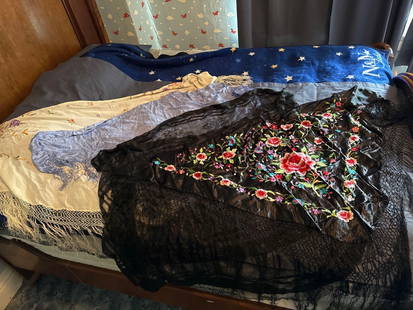 2 antique silk embroidered shawl table covers with fringe: 1 white, 1 black, 2 newer shawls  Low Estimate: 30.00 High Estimate: 60.00