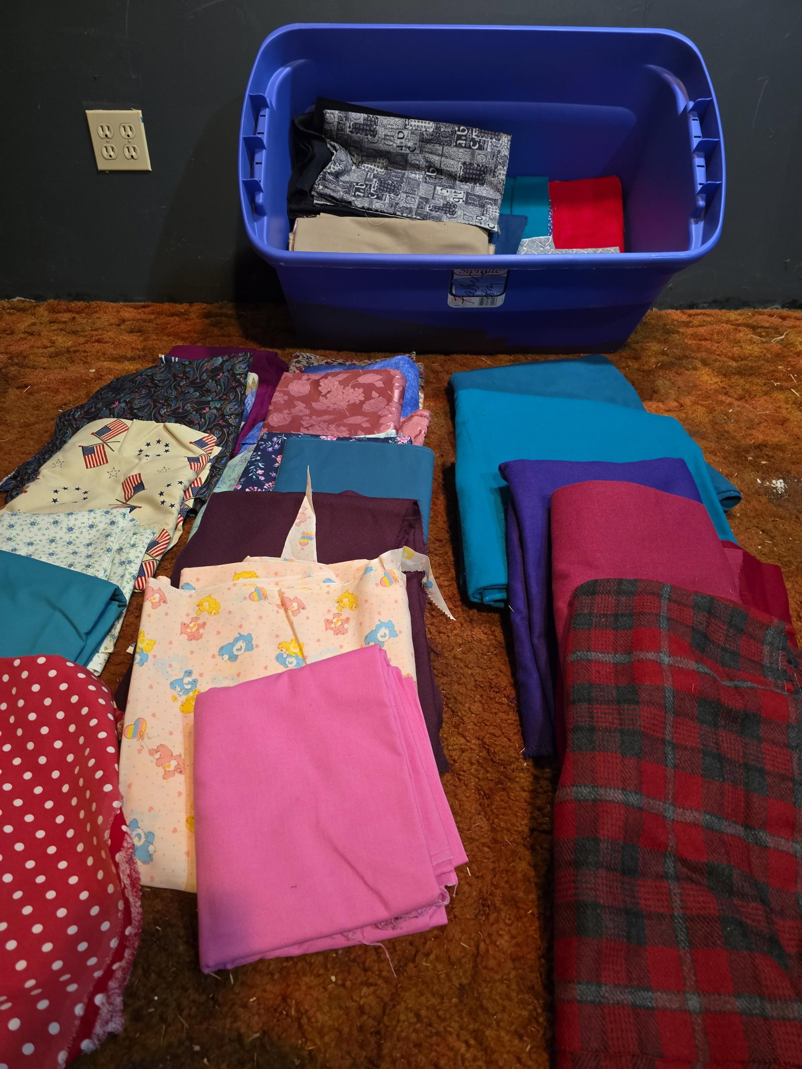 Large tote full of fabric in large pieces: 30" x 15" Low Estimate: 50.00 High Estimate: 200.00