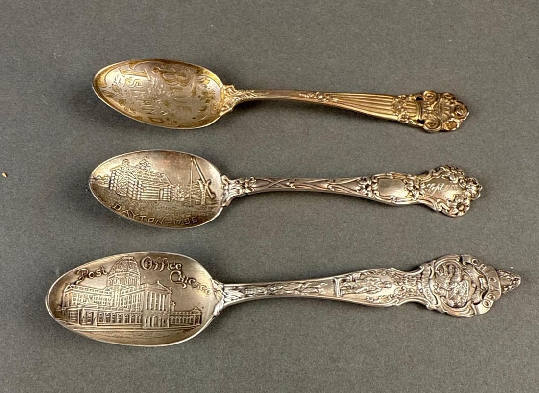 (3) sterling souvenir spoons, Dayton 1796, Post Office Chicago (1 of 4)