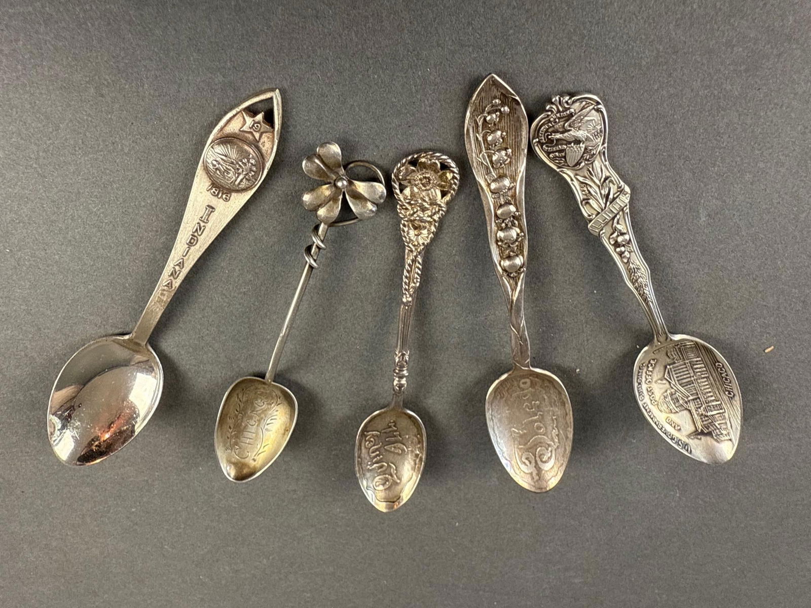 (5) Demi Tasse sterling souvenir spoons p.o. Chicago, Quincy IL.,Indiana (1 of 6)