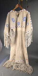 Beaded Native American buckskin dress, southern style: Apache style dress on commercial hide. woman's size. 54" long
