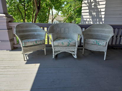 (3) pieces porch wicker: (1) rocker, (2) arm chairs Low Estimate: 20.00 High Estimate: 40.00