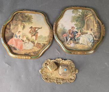 Vintage Italian Centenari Print Set Romantic Baroque Framed and Victorian brass desk set: pictures are 10" diameter, desk set 7"