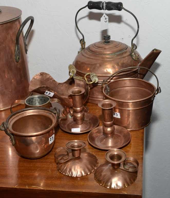 (7) COPPER PIECES ONE TEAPOT, PAIR OF CANDLE HOLDERS, 4: (7) COPPER PIECES ONE TEAPOT, PAIR OF CANDLE HOLDERS, 4 1/2"H, & PAIR OF CANDLE HOLDERS, 2"H, ONE BUCKET W/ HANDLE, ONE PAIL, ONE CUP W/ HANDLES, 4 1/2"H, & ONE FOOTED SCOOP