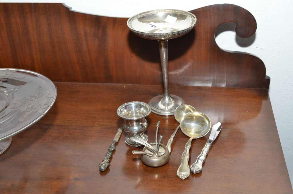 STERLING SILVER ITEMS, INCL. 8" FOOTED COMPOTE, 3 SALT : STERLING SILVER ITEMS, INCL. 8" FOOTED COMPOTE, 3 SALT SPOONS, ONE ENGRAVED "L", SALT DISH, URN SHAPE TOOTHPICK HOLDER, 3 SERVING PIECES, NAIL FILE, & TWO SMALL SERVERS WHICH ARE NOT STERLING.