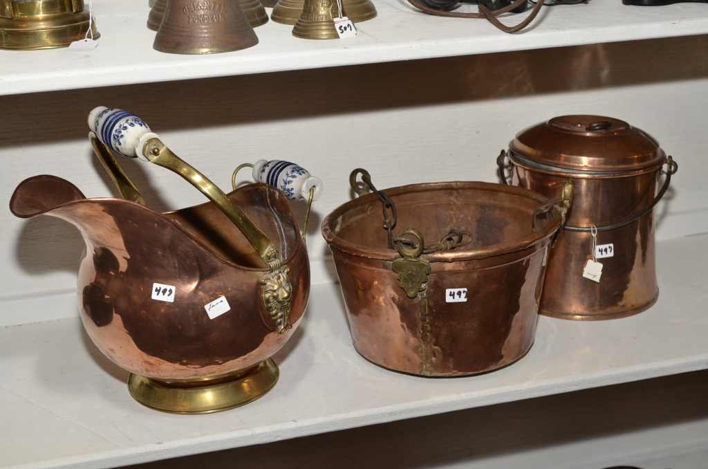 ENGLISH COPPER COAL HOD & HAND WROUGHT COVERED COPPER P: ENGLISH COPPER COAL HOD & HAND WROUGHT COVERED COPPER PAIL & HANGING KETTLE