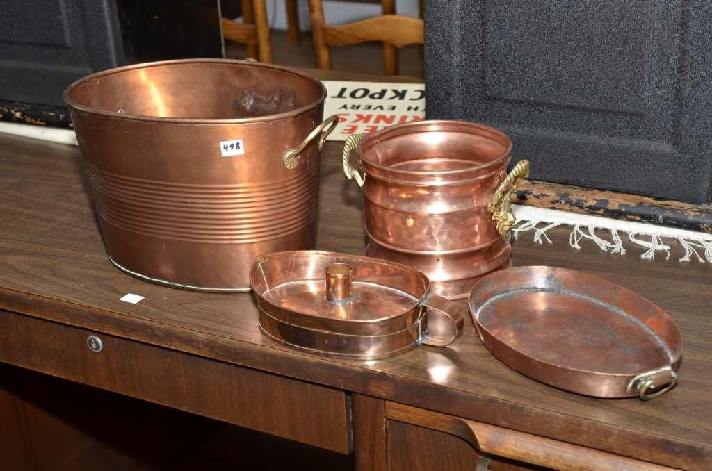 (4) COPPER PIECES: SMALL COPPER BOILER, COPPER SERVING : (4) COPPER PIECES: SMALL COPPER BOILER, COPPER SERVING TRAY, COPPER CANDLE HOLDER, & COPPER HANDLED BUCKET W/ NO LID