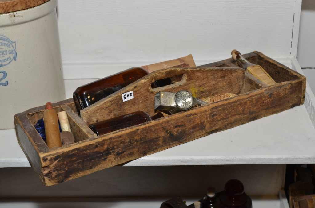 WOODEN TOOL BOX W/ CONTENTS INCLUDING TOY ROLLING PINS,: WOODEN TOOL BOX W/ CONTENTS INCLUDING TOY ROLLING PINS, 4 OLD BOTTLES, TOY MEAT GRINDER, ETC.