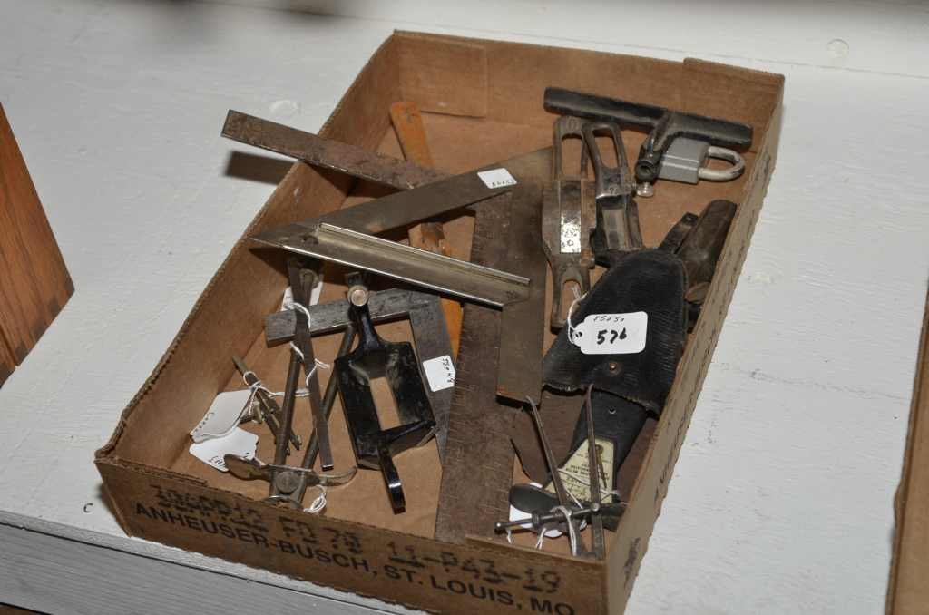 (8) ONE PROTRACTOR MARKED RUSSELL BROS MODEL #7, ONE UN: (8) ONE PROTRACTOR MARKED RUSSELL BROS MODEL #7, ONE UNMARKED PROTRACTOR, ONE SAFETY TIRE GUAGE MADE IN GERMANY, ONE JEFF AIR TIRE GUAGE METER IN CASE & LOT OF MISCELLANEOUS DRAW KNIVES & PARTS, ONE M