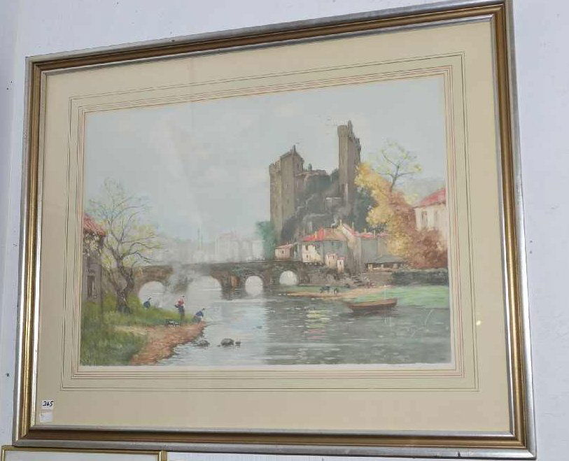 LITHOGRAPH OF FRENCH RIVER SCENE, FROM ORIGINAL WATER: LITHOGRAPH OF FRENCH RIVER SCENE, FROM ORIGINAL WATER COLOR BY MAURICE LEVIS. 19 1/2" X 28".
