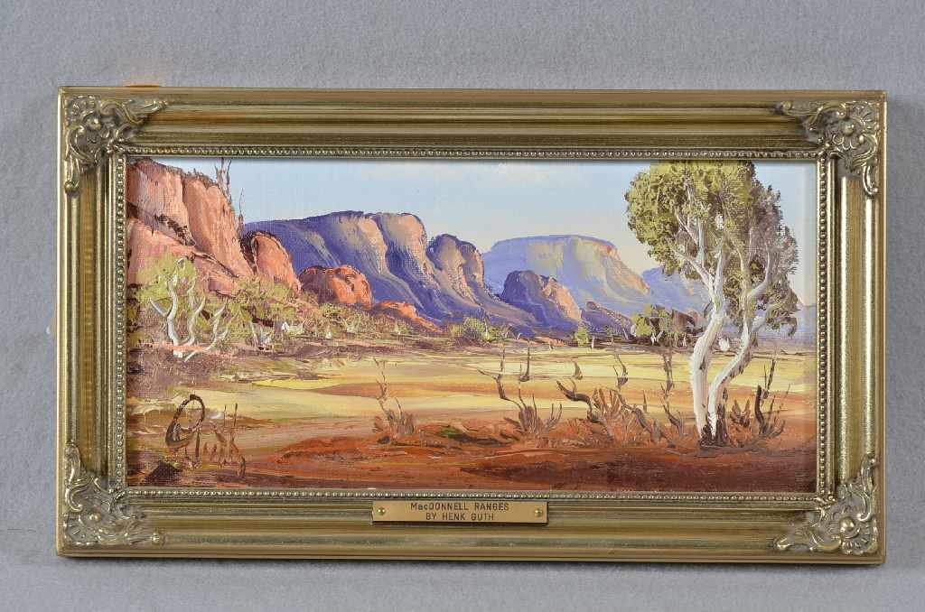 ORIGINAL OIL PAINTING BY HENK GUTH,(AUSTRALIAN, B.: ORIGINAL OIL PAINTING BY HENK GUTH,(AUSTRALIAN, B. 1921) OF THE MacDONNEL RANGES. 5 1/4"X11 1/2".