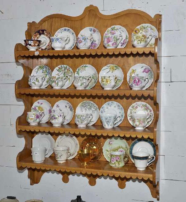 4 SHELF WALL MOUNTED TEA CUP DISLAY SHELF, CUSTOM MADE: 4 SHELF WALL MOUNTED TEA CUP DISLAY SHELF, CUSTOM MADE BY DEAN ANGELL