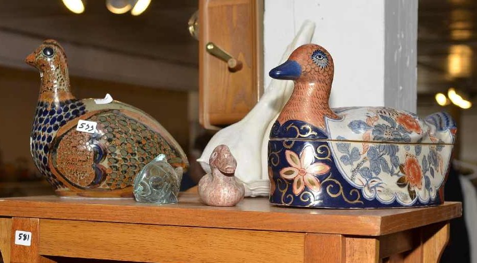 ONE COVERED DUCK DISH, ONE QUAIL, 2 PAPER WEIGHTS, ONE: ONE COVERED DUCK DISH, ONE QUAIL, 2 PAPER WEIGHTS, ONE FISH, ONE DUCK, & SEASHELL.
