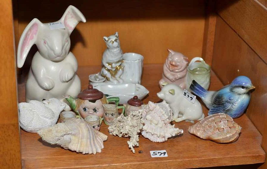 TOOTHPICK HOLDERS, CHILDS TEA SET, PIG, BIRD, RABBIT: TOOTHPICK HOLDERS, CHILDS TEA SET, PIG, BIRD, RABBIT FIGURINES, 4 SEA SHELLS.