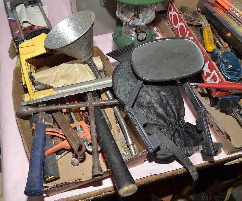 BOX OF MISC. ITEMS, HAND MASTER PAPER DISPENSER, 2: BOX OF MISC. ITEMS, HAND MASTER PAPER DISPENSER, 2 HAMMERS, FUNNEL, CRESCENT WRENCH, OTHER ASSORTED ITEMS.