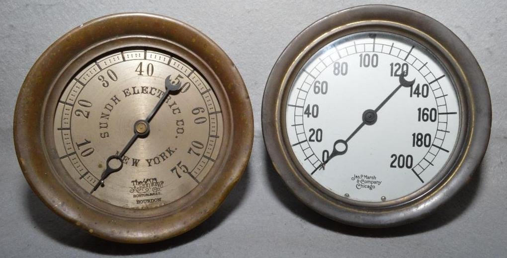 (2) 6" Vintage Brass Pressure Gauges: Sundh Electric Pressure Gauge & Jas P Marsh Pressure Gauge