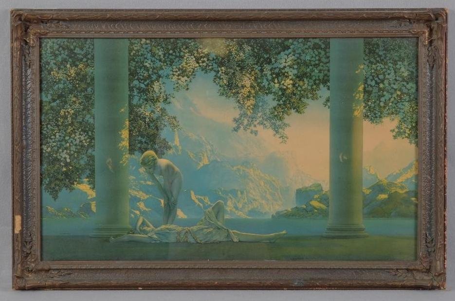 Maxfield Parrish (1870-1966) "Daybreak" Print: Originally Painted in 1922 & the Most Popular Art Print of the 20th Century, Copyright The House of Art N.Y., 17" X 29", damage to frame