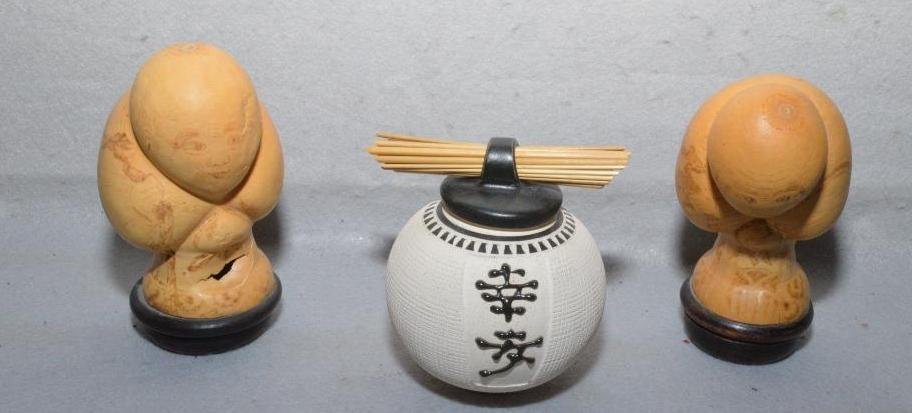 (2) Cricket Jars Carved out of a Gourd w/ Original Cap: Crack/hole in the bottom front of one of the cricket jars
