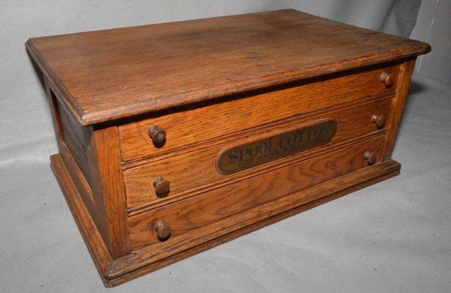 H L Handy Chair & Table Co. Spool Cotton Thread Cabinet: Oak; 3-Drawer w/ dividers inside drawers; 24-1/4" x 15" x 10-1/2"