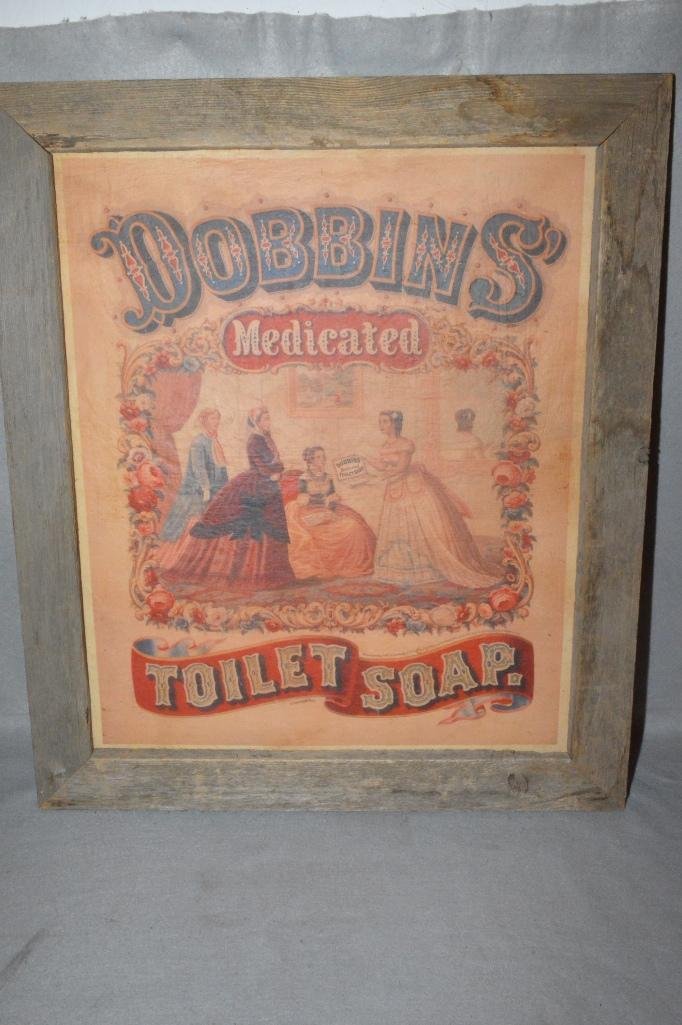 Dobbins Medicated Toilet Soap 1869 Advertisement Print: Circa 1950's, Printed on paper w/ wood frame (no glass), 30" x 25", minor tears