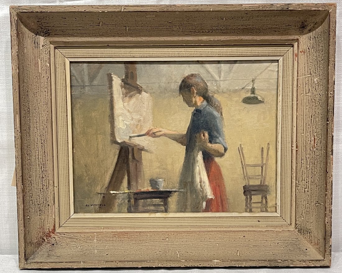 Oil on Board by Albert Handell (b. 1937 - ) Brooklyn, NY, Young Woman Artist in Studio Painting: Oil on board painting in good of a young female artist in her studio. Painting is in good condition and in a nice Mid Century frame. Needs a cleaning. Painting is signed lower right. Please note the a