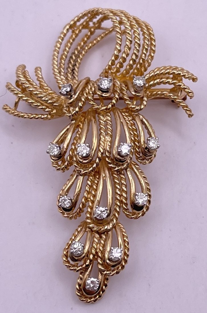 14k Yellow Gold Waterfall Design Brooch with Diamonds (1 of 3)