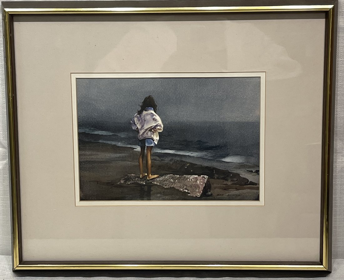 Mae H. Bertoni (b. 1929 - ) New York, Plum Island, Mass Beach Scene Watercolor titled "Rain (1 of 5)