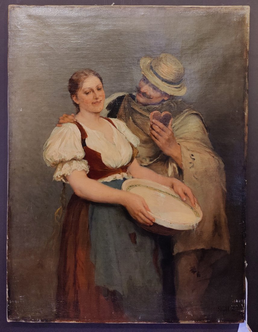 Zsofia Strobl (1866 - 1941) Hungarian, Painting Peasants Courting (1 of 4)