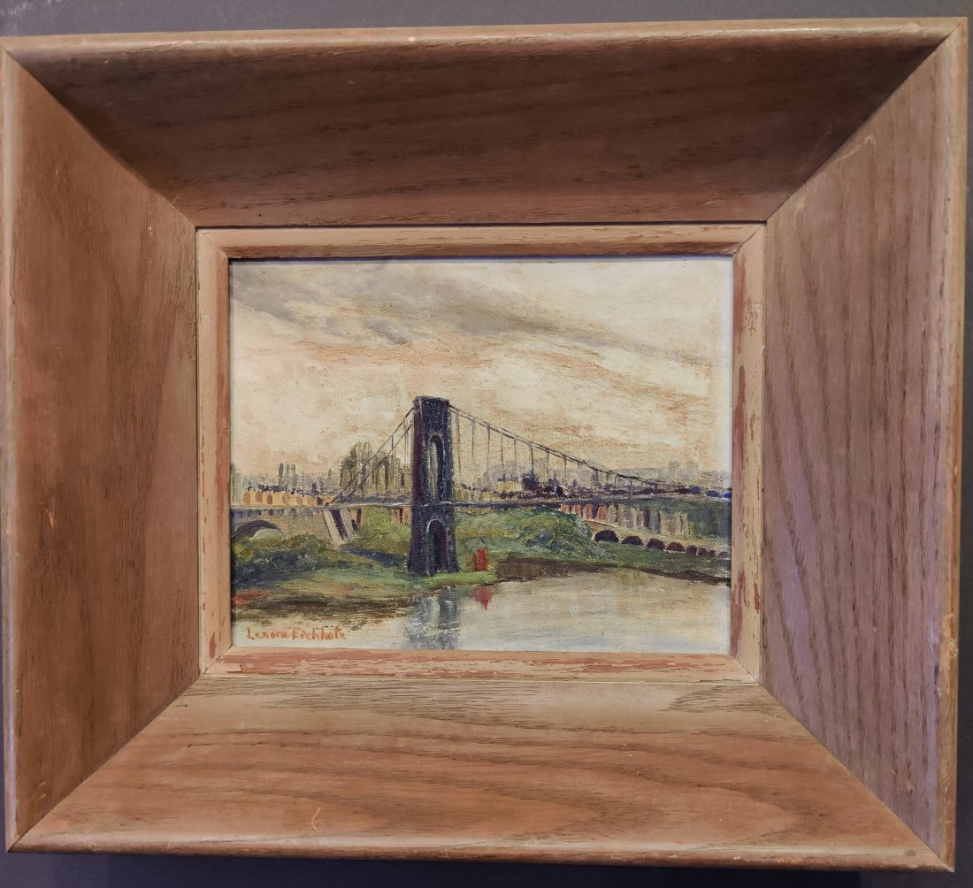 Lenore Eichholz (mid 20th century) NYC Landscape Painting with the Brooklyn Bridge (1 of 4)