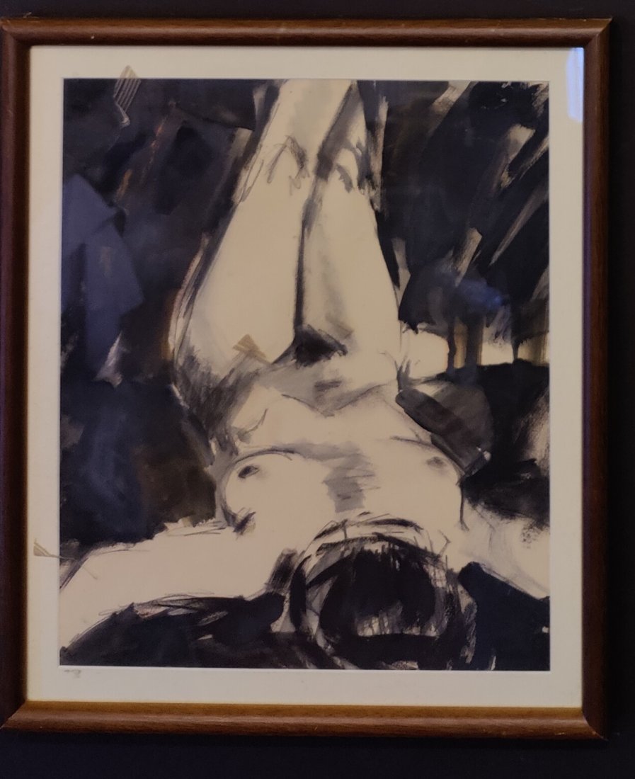 Frank A. Rampolla (1931 - 1971) Florida, Figurative Expressionist Drawing titled Reclining Nude: Oil wash and pencil on paper in good condition with toning visible under glass. Letter from the Sarasota Art Association about the work on verso. 16" x 18.5" overall. Please note the absence of a cond