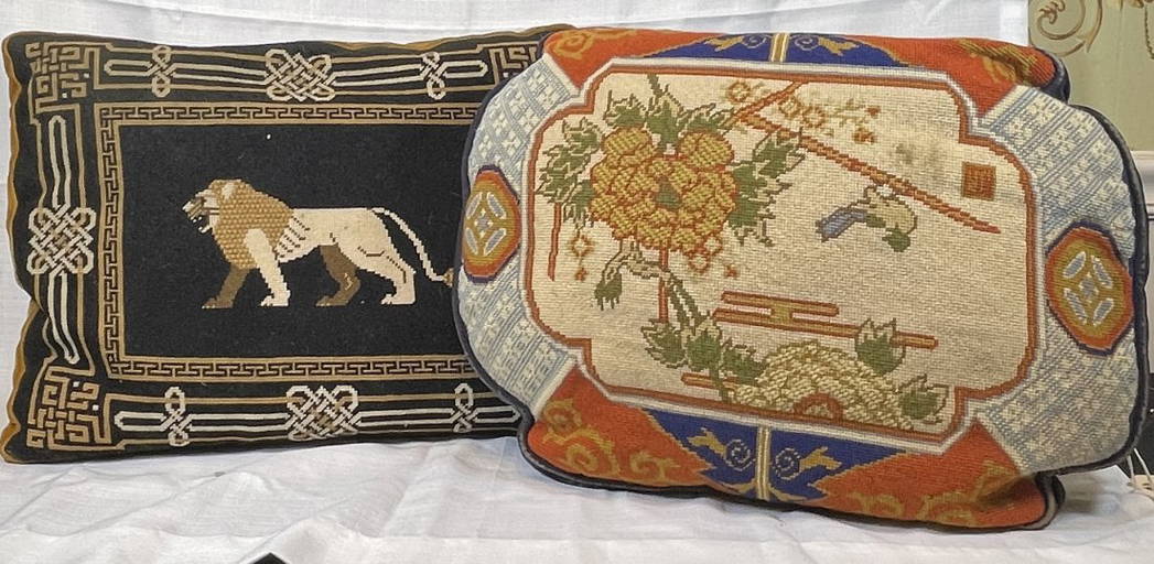 Lot of 2 Vintage Needlepoint Throw Pillows with Crushed Velvet Backs