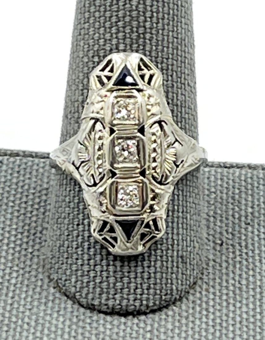 Art Deco 1920s 14k White Gold Diamond & Sapphire Cocktail Ring size 8.5 (1 of 4)