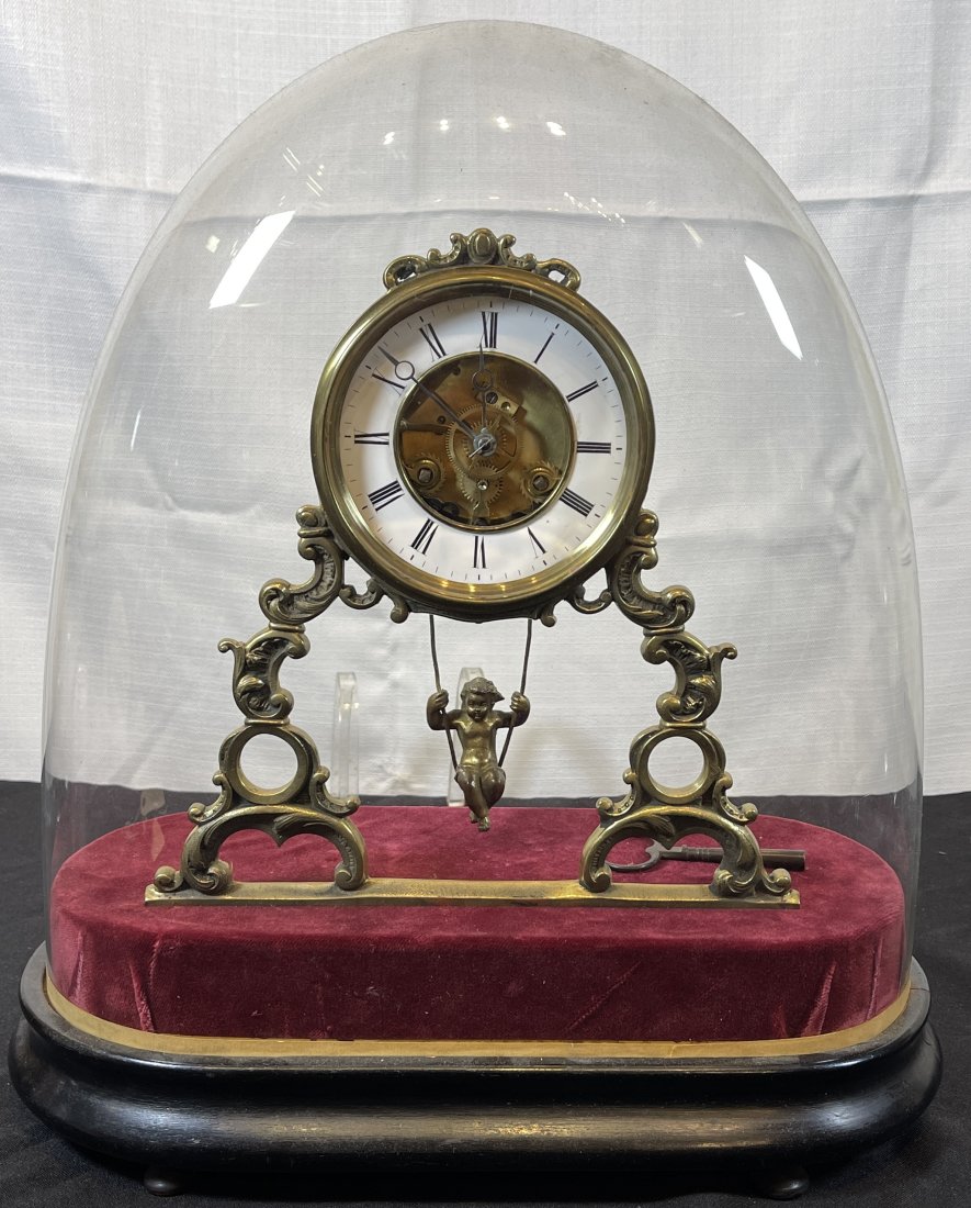 French Victorian Swinger Clock Under Glass Dome (1 of 7)