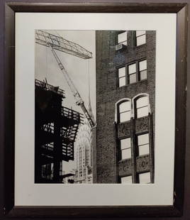 Paul Maurer Photo Chrysler Bldg Bay Crane NYC: Paul Maurer (French, b. 1951 - ) Photograph of NYC Chrysler Building and Bay Crane in New York City in Black and White. Very good condition under glass and simply framed in a black framing. Frame has