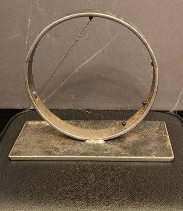 Bruce Gray Plate Steel Sculpture with Three Lines: Bruce Gray (New Jersey, California, 1956 - 2019) Plate Steel Sculpture with Three Lines titled Circle. Signed in raised solder B. Gray. Good condition Kinetic Lines sculpture, with light surface oxida