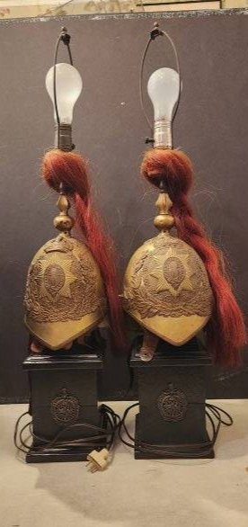 Pair of French Helmets Mounted as Lamps: Height to the top of the helmut 26" tall.