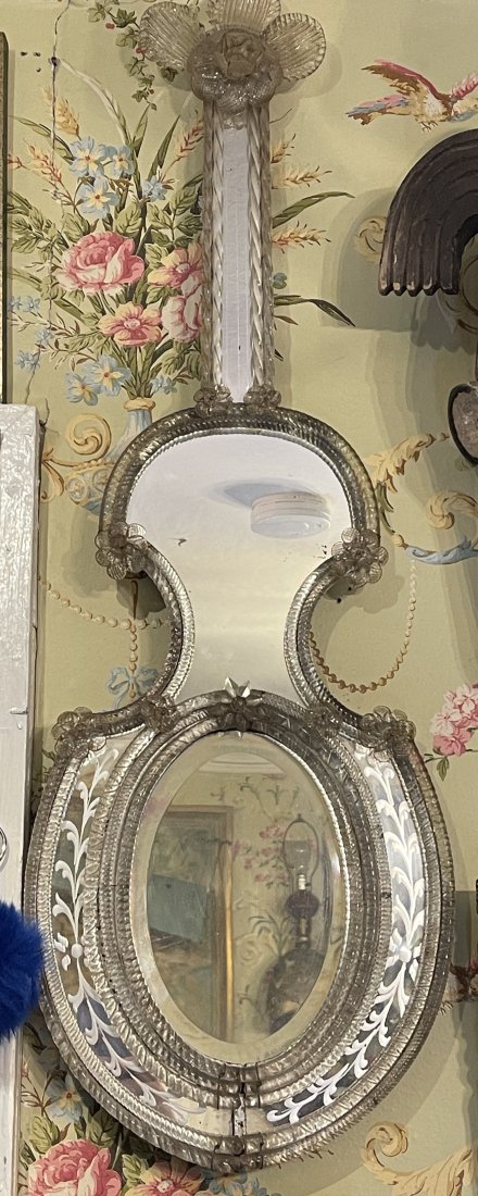 c1850 Antique Violin Form Venetian Mirror: Venetian glass mirror. In excellent condition for its age. Measurements 33" x 11".