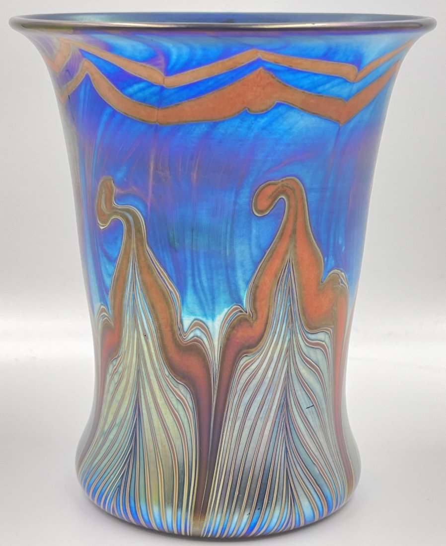 Lundburg Studios Pulled Feather Peacock Blue Art Glass Vase (1 of 5)