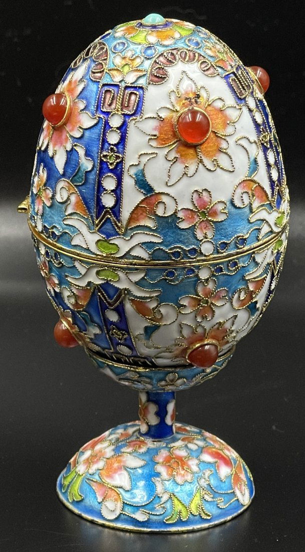Sterling Silver Enamel Egg on Stand with Turquoise & Carnelian (1 of 3)
