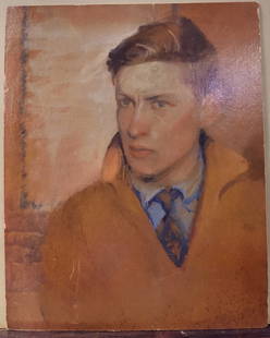 Robert Brackman Portrait of a Young Man ca. 1940s: Robert Brackman (New York, Connecticut, 1898 - 1980) Portrait of a Young Man. Looks to be an oil on canvas, laid down on a panel and signed in the LL. Good condition, with edge wear, spotting in the