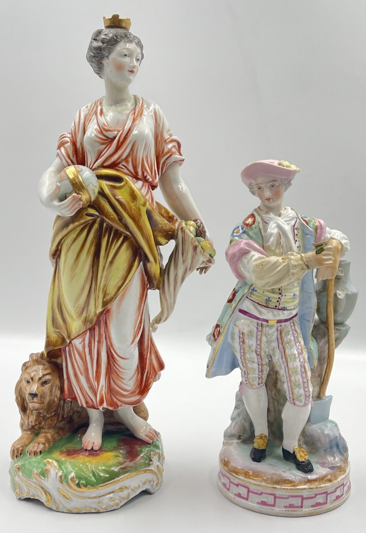 Lot of 2 19th Century Meissen Porcelain Figurines: Two figurines, one Meissen, one Capodimonte. Meissen has been repaired to the arm, Capodimonte repaired to the neck. Damage throughout, being sold as found. Tallest measures 10 1/2" tall