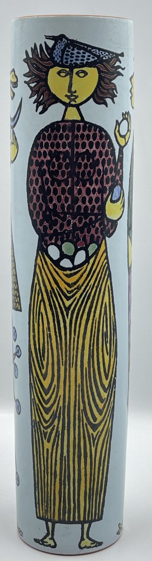 Mid Century Hand Painted Gustavberg Vase: Funky mid century vase depicting people and animals. Overall good condition, no chips or cracks. Measures 13" tall