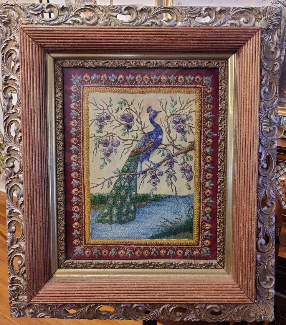 19th c. Needlework Peacock, with Semi Precious Stones (1 of 4)