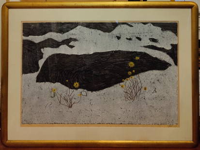 Antonio Frasconi Woodblock Print titled Thaw 1966 3/23: Antonio Frasconi (New York, Connecticut, Argentina, Uruguay, 1919 - 2013) Woodcut print titled "Thaw" 1966. Pencil signed, titled, numbered 3/23 and dated. Good condition under glass, with toning and