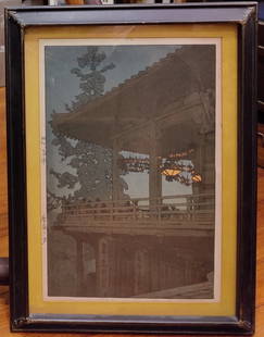 Yoshida Hiroshi, Evening in Nara Woodblock Print: Japanese Woodblock Print, by Yoshida Hiroshi (Massachusetts, Japan, 1876 - 1950) titled "Evening in Nara" circa 1930's. Good condition, with toning and foxing visible under the glass. Bottom edge