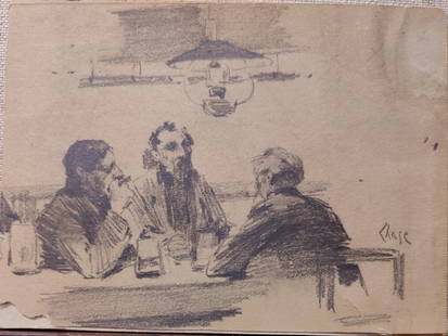 William Merritt Chase Drawing Men in Conversation c. 1900s: William Merritt Chase (New York, California, Indiana, 1849 - 1916) pencil drawing on paper mounted to board. Possibly a study from the early 20th c. Fair condition, with foxing, toning, staining, pape