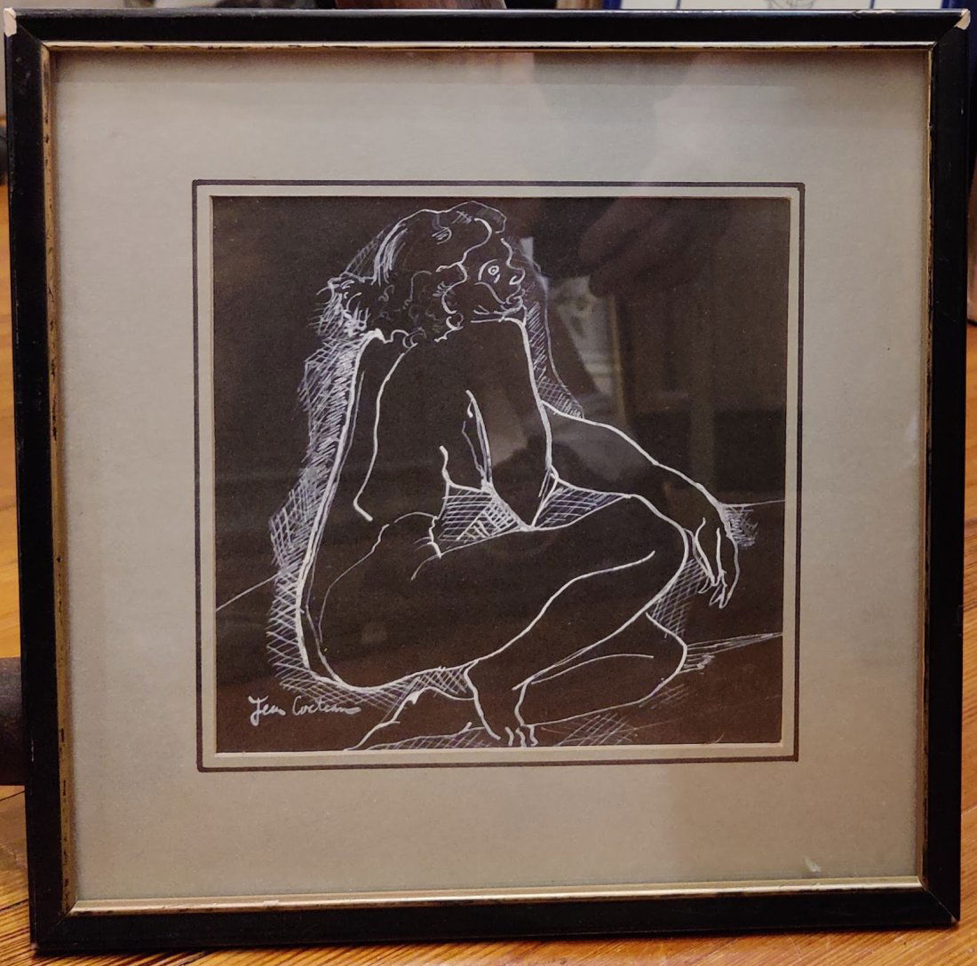 Attributed Jean Cocteau Nude Female Drawing On Black Paper: Attributed to Jean Maurice Eugene Clement Cocteau (France, Belgium, 1889 - 1963) white oil stick or grease pencil drawing on black paper. Very good condition, under glass. Signed Jean Cocteau lower ri