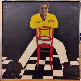 William Crozier Cool Pop Art Portrait of a Man in a Yellow Shirt: William Crozier (United States, Ireland, United Kingdom, England, Scotland, 1930 - 2011) O/C Pop Art Figure painting. Very cool image of a man sitting in a chair. Signed Crozier lower right. Good cond