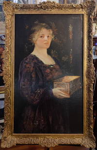 Thomas Mostyn Victorian Aristocrat Portrait titled Jewelry Box: Thomas Edwin Mostyn (United States, United Kingdom, 1864 - 1930) Late 19th c. Victorian Portrait titled "Jewelry Box". O/C painting mounted on board and framed in an ornate early 20th c. framing. Very